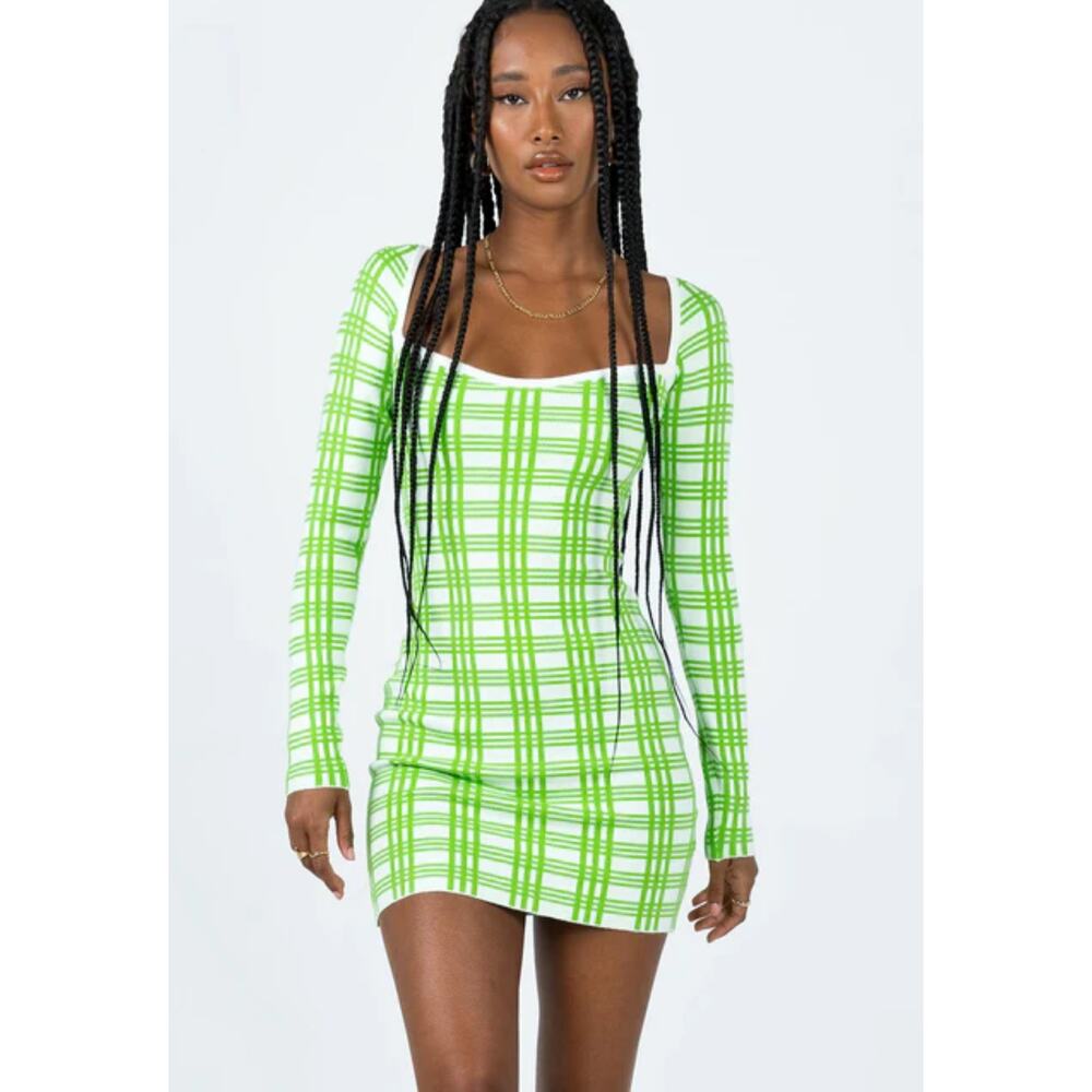 Princess Polly Sybil Long Sleeve Mini Dress Lime Green / White Sweater Size S/M